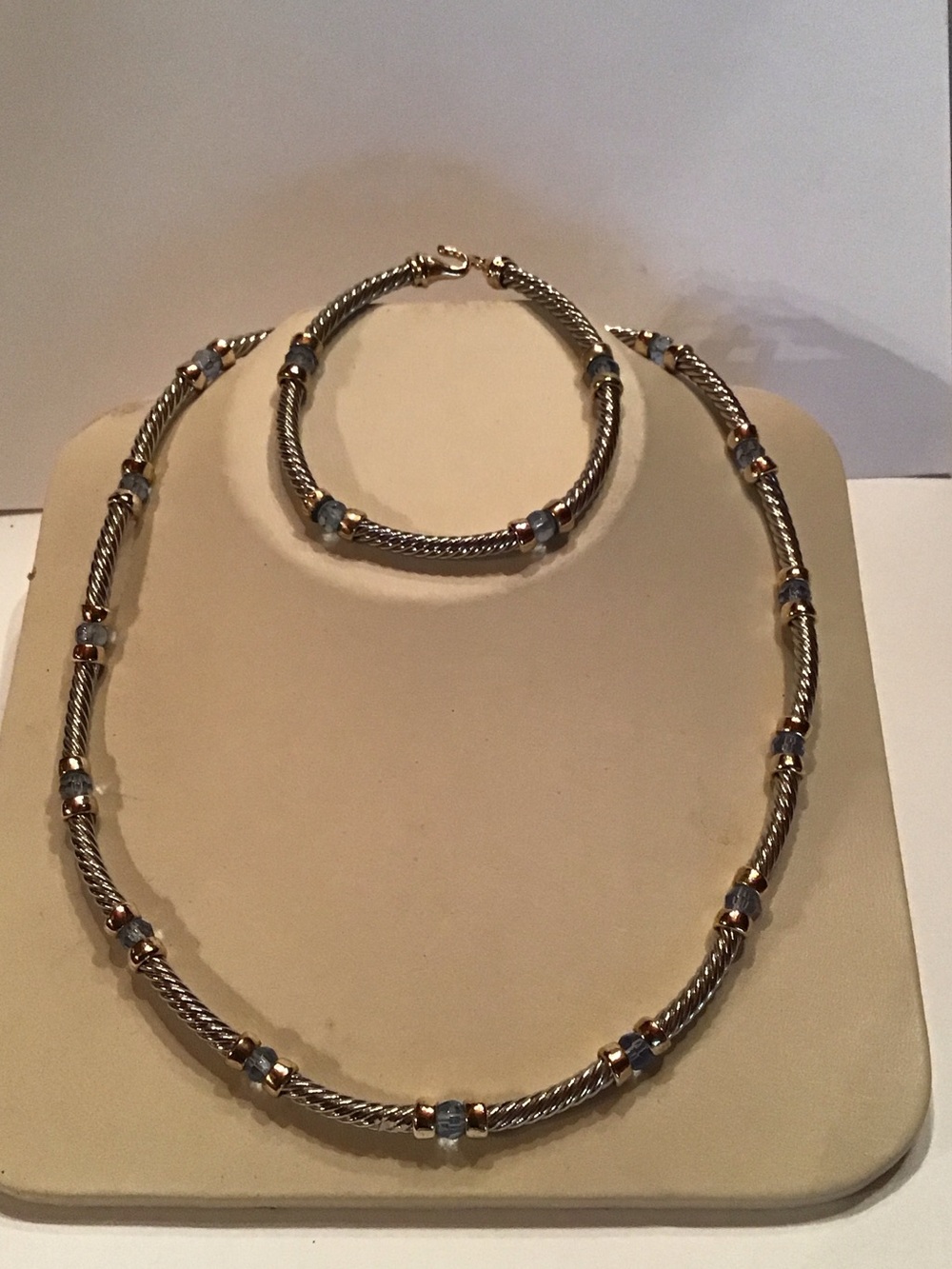 Two-Tone Silver and Gold Rope Necklace with Blue Bead Accents